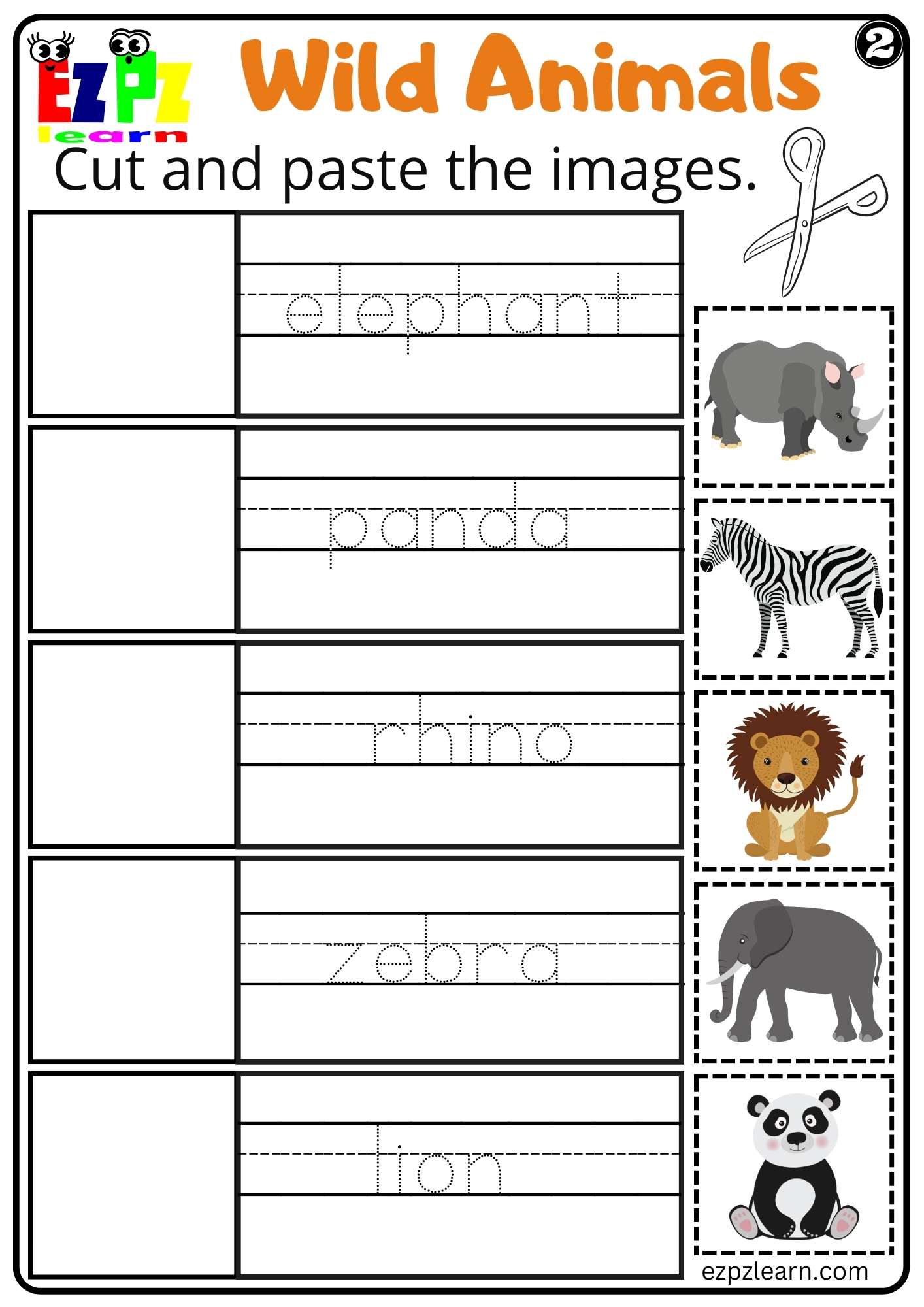 Wild Animals Cut and Paste Set 2 Worksheet For kids and ESL PDF Download